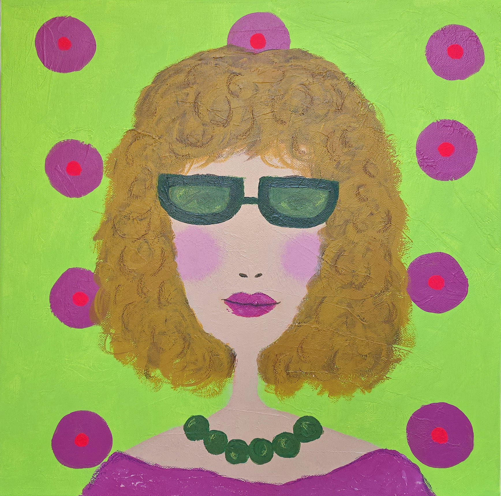quadro volto donna sfondo verdefluo a pois.png