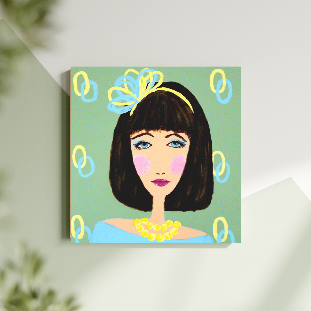 Mary, Quadro donna sfondo rosa stile anni 60.png