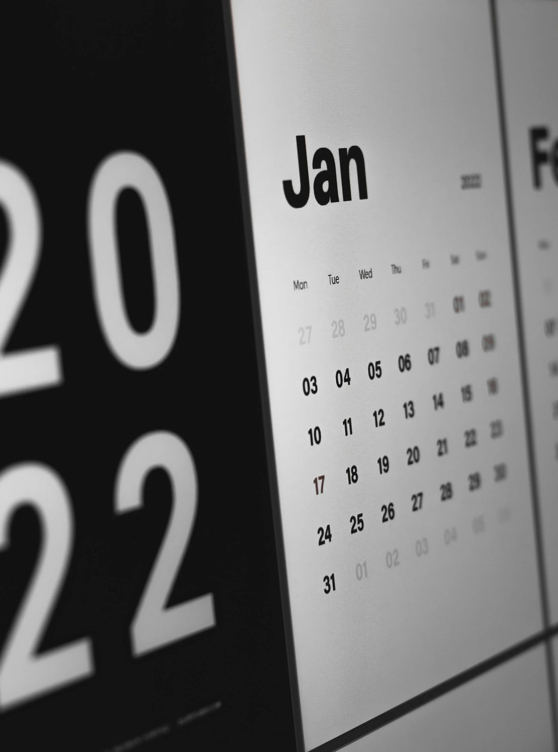Close-up of a digital calendar displaying the month of January, with the days numbered from 1 to 31, and the word 'Jan' visible at the top.