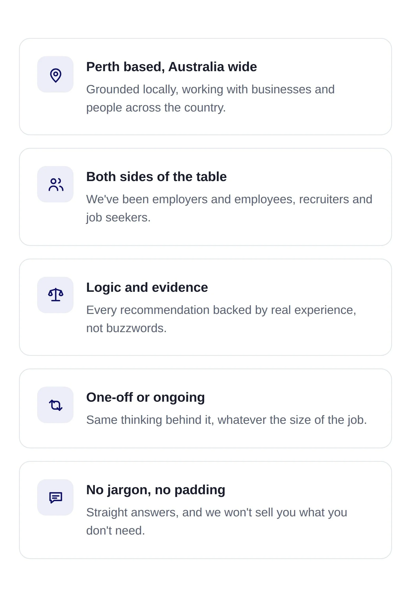 Screenshot of a webpage listing benefits of a job or service, including location in Perth, Australia, available on both sides of a table, with logical evidence and no jargon.