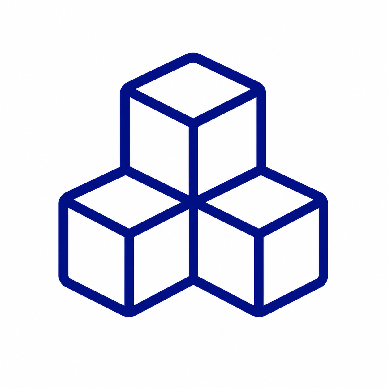 Outline of five stacked cubes arranged in a pyramid shape, with three at the base, two in the middle, and one at the top, in blue on a white background.