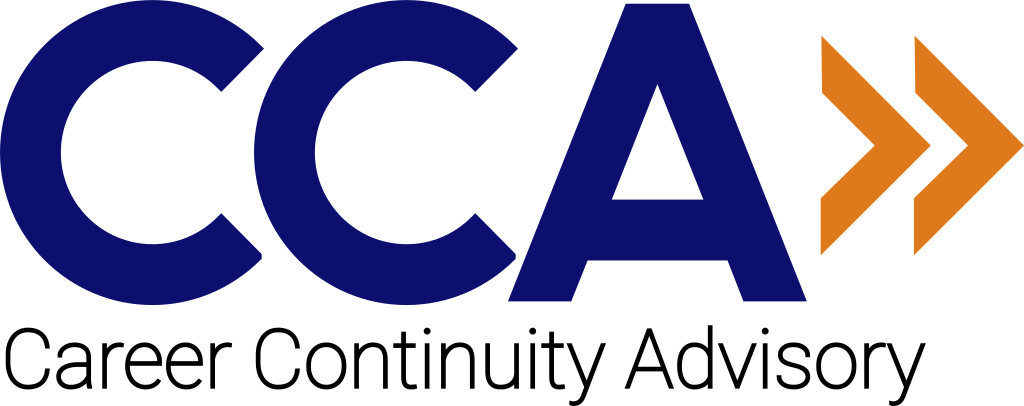 Logo for Career Continuity Advisory features the acronym 'CCA' in bold navy blue letters with two orange arrows pointing right, and the words 'Career Continuity Advisory' written below in black.