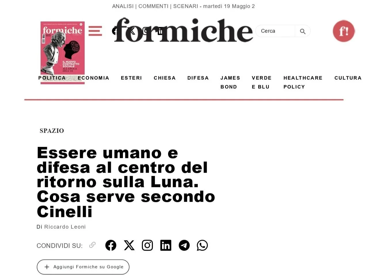 Formiche - Essere umano e difesa al centro del ritorno sulla Luna. Cosa serve secondo Cinelli