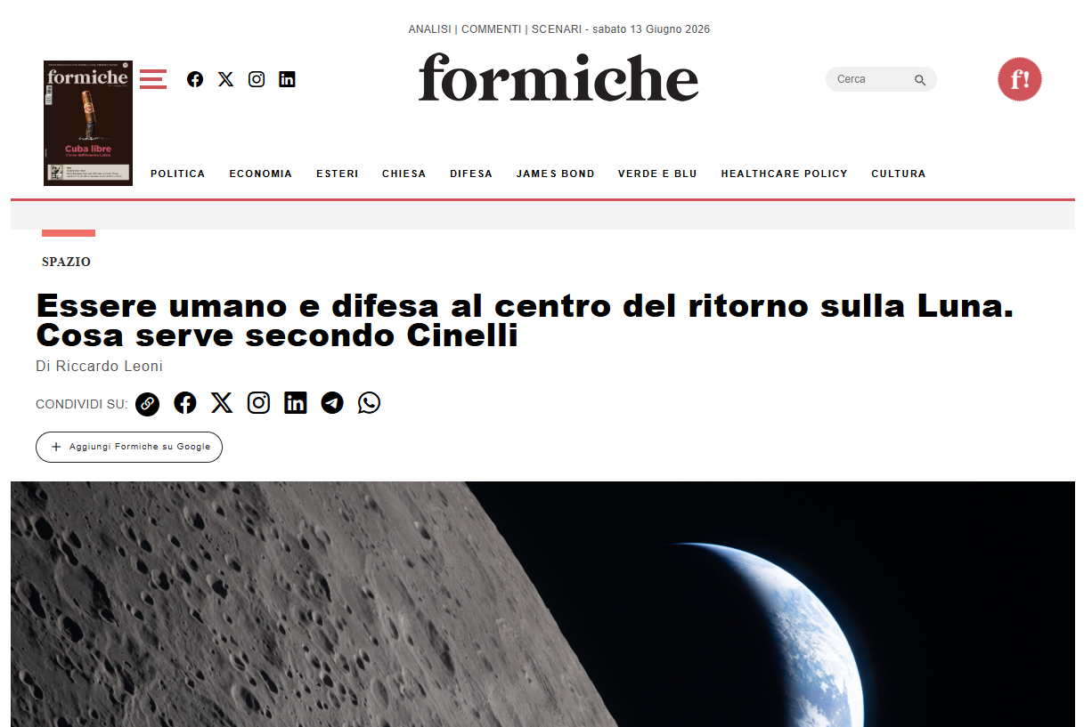 Formiche - Essere umano e difesa al centro del ritorno sulla Luna. Cosa serve secondo Cinelli