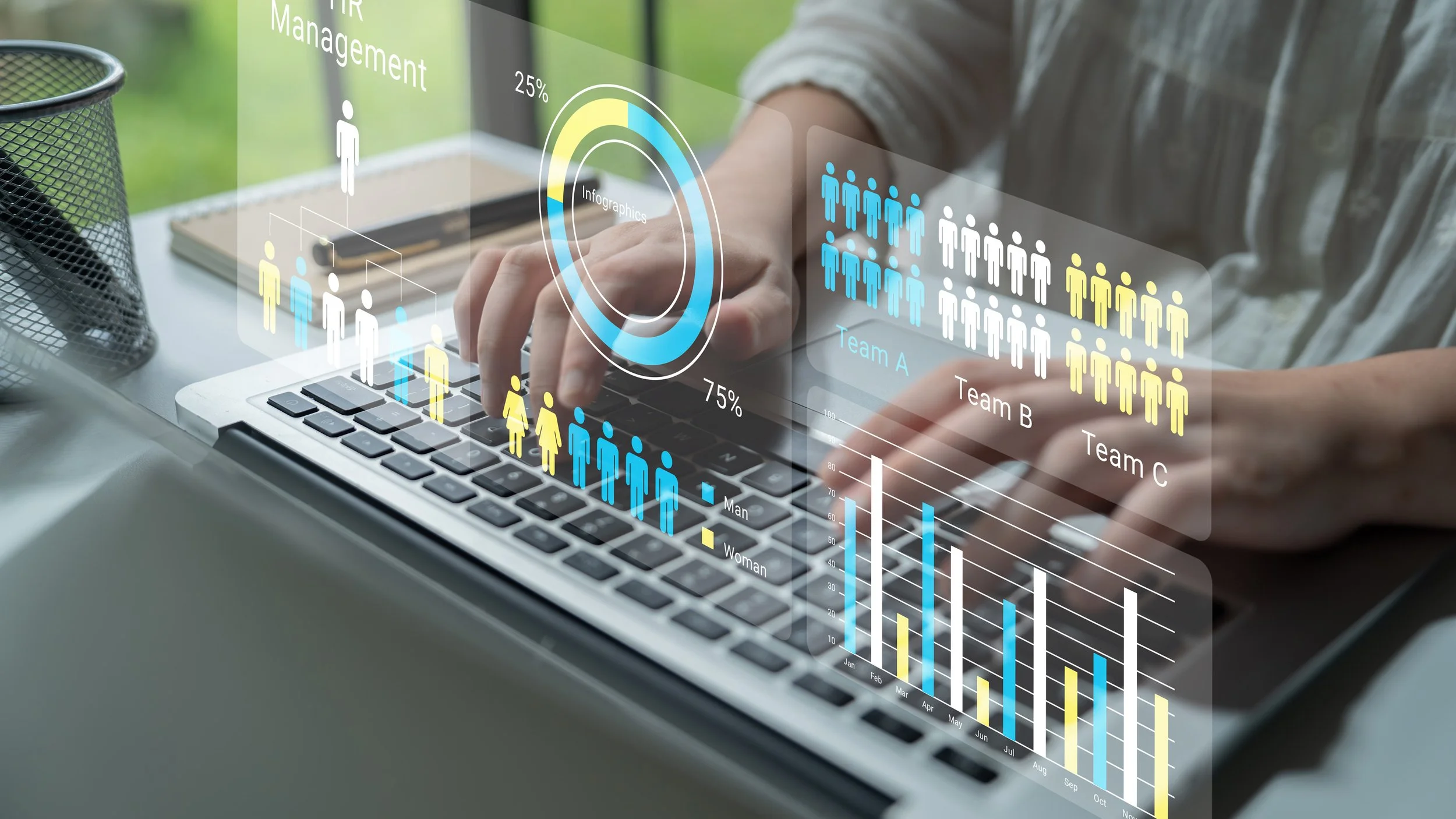 Charts overlaid on top of a person typing