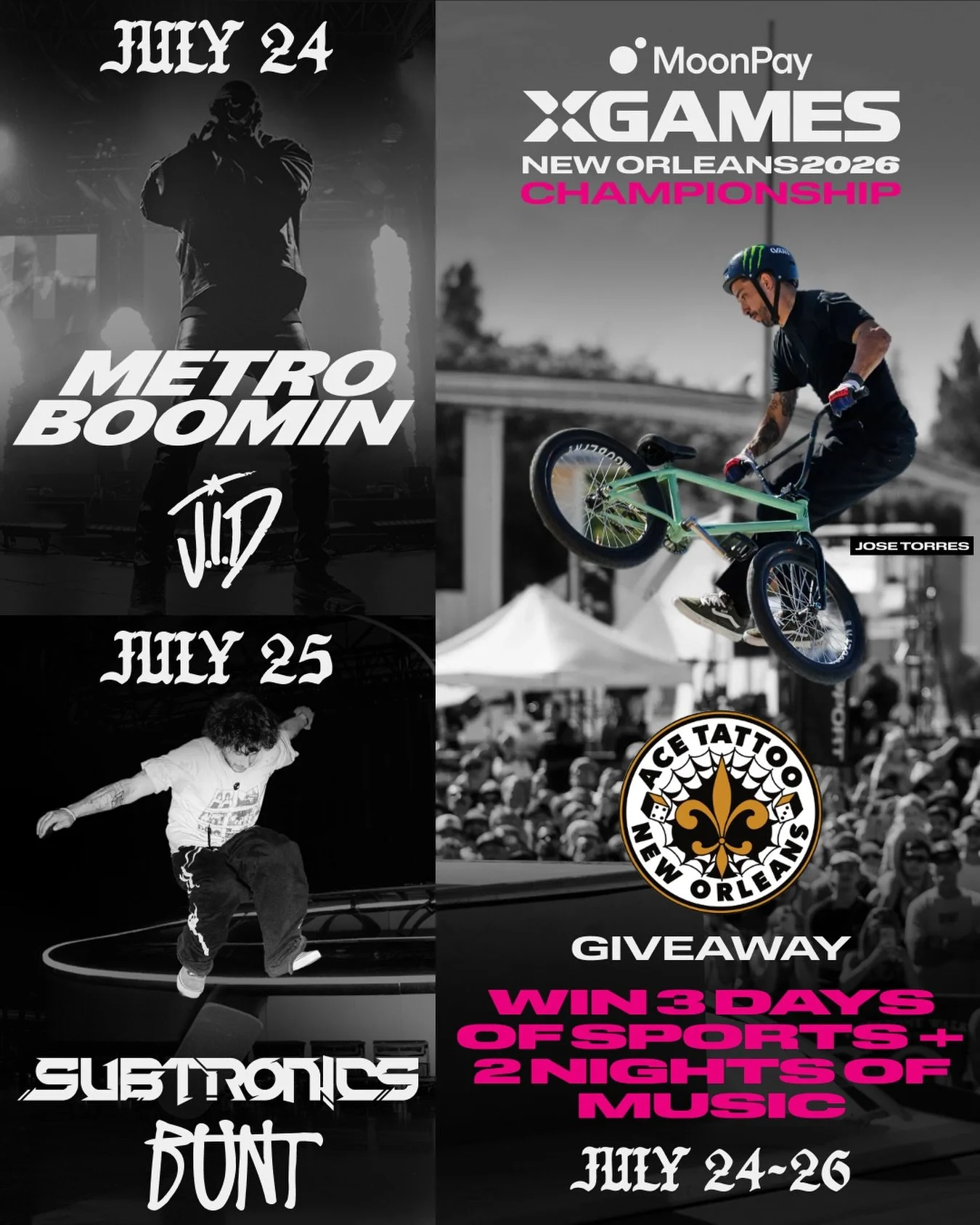 X GAMES NEW ORLEANS 2026 GIVEAWAY!

ONE WINNER could win a weekend package for the championship, including 3 FULL DAYS of sports (July 24&ndash;26) AND 2 NIGHTS of music featuring headliners.

How to enter:

1️⃣ LIKE this post
2️⃣ FOLLOW:
@acetattoon