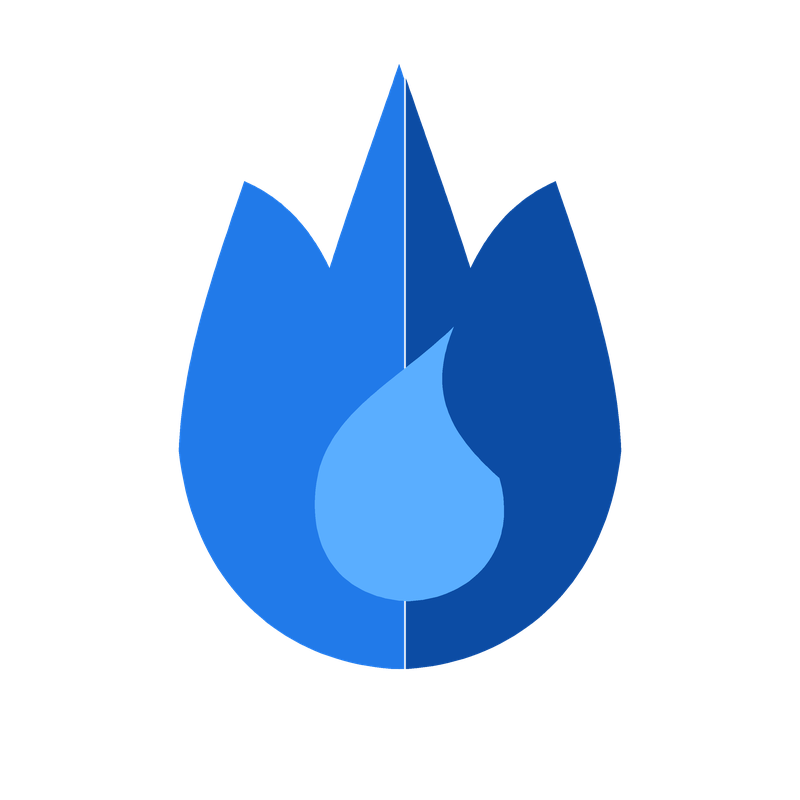 A stylized blue flame logo with various shades of blue, forming a teardrop shape, representing a flame.