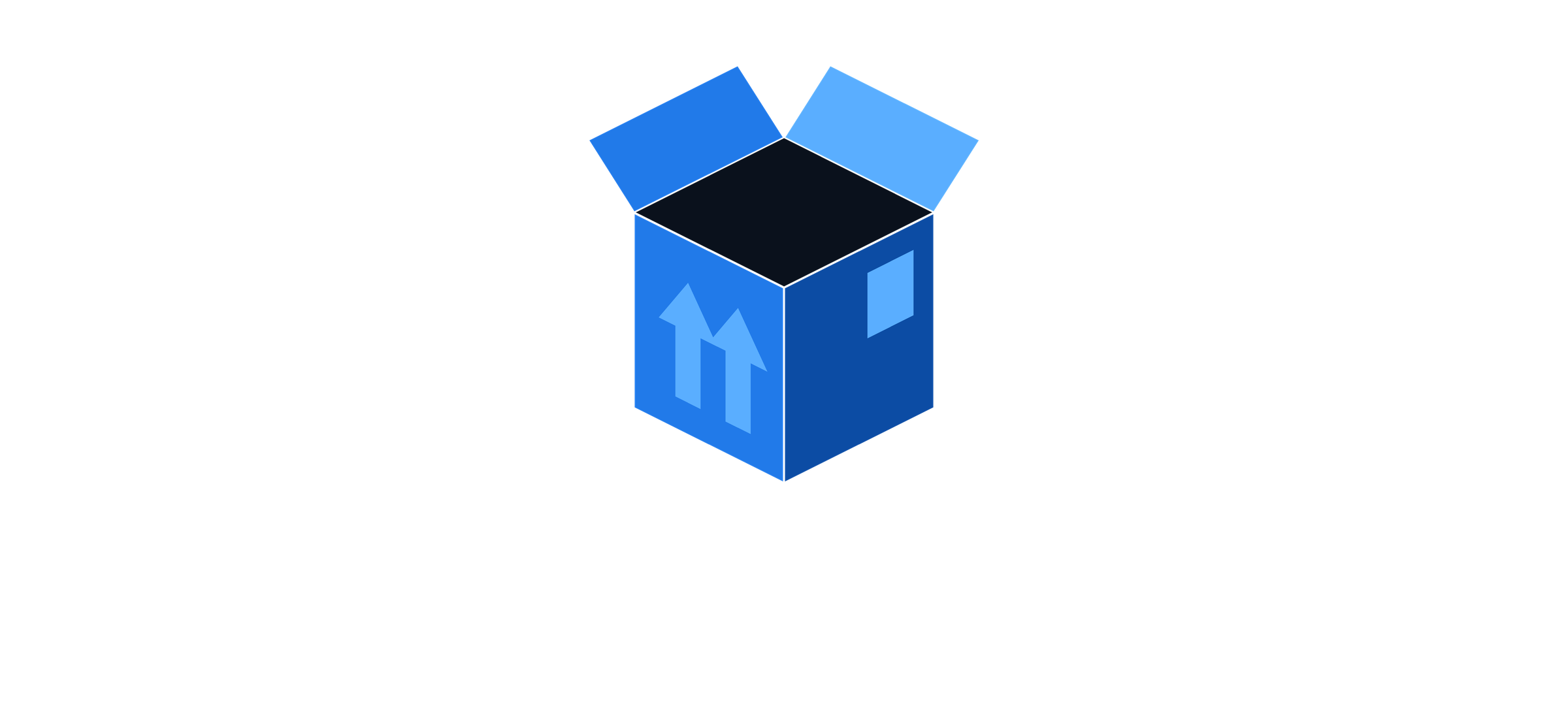 A logo with a blue open box and upward arrows, with the text 'Packout Estimates' below.