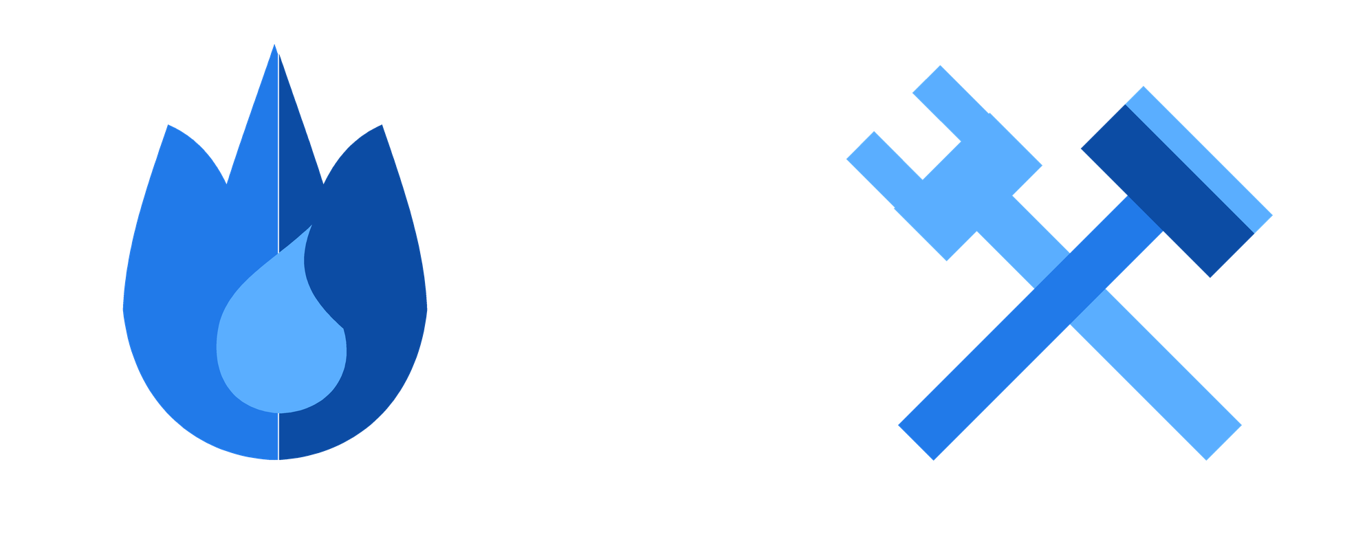 The image features a logo with a flame icon on the left, the letters "AND" in the middle, and a pickaxe icon on the right, all in shades of blue and black.