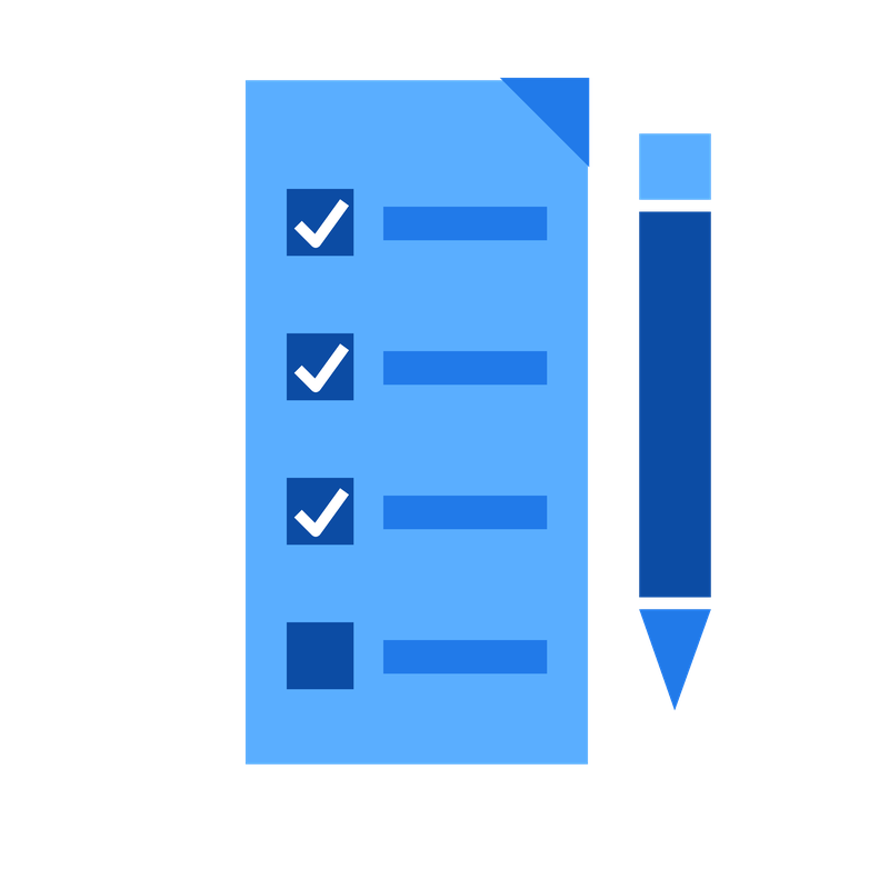 A checklist with four items; three are checked off with blue checkmarks, and one is unchecked. Next to the checklist is a large blue pencil icon.
