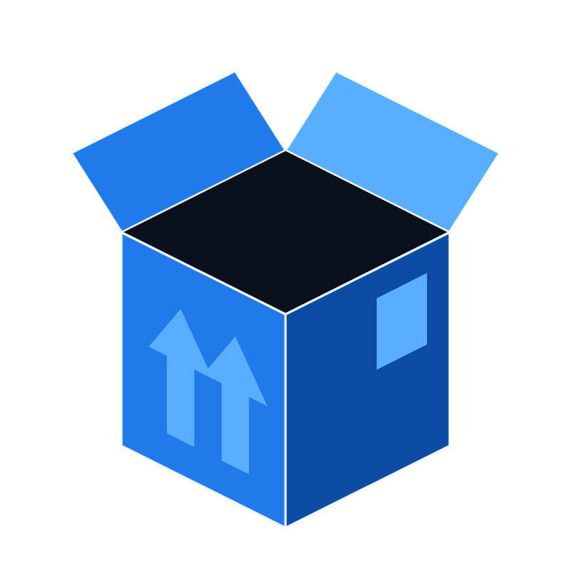 A blue open box with upward arrow symbols and a small window on the side.