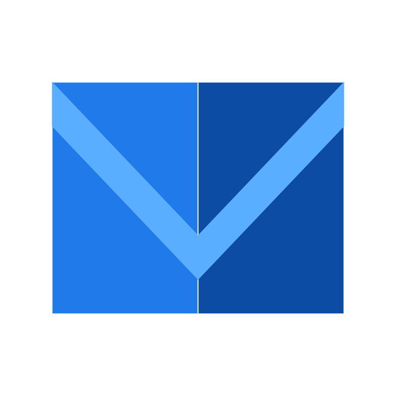A blue envelope icon with a stylized checkmark or arrow inside, divided into four quadrants, on a white background.