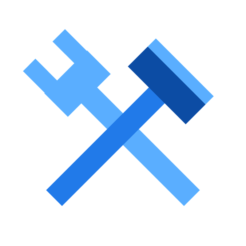 A pixel art style image of crossed blue hammer and wrench on a black background.