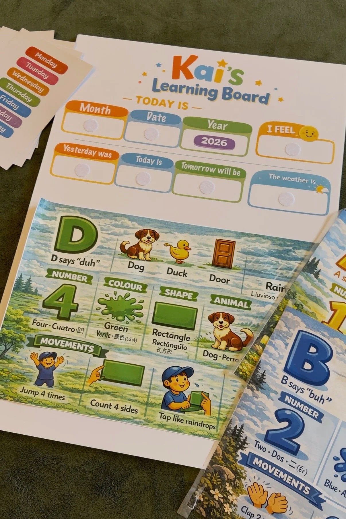 Kais learning board with sections for the date, year, feelings, weather, and a lesson about the letter D and animal dog with illustrations and educational information.
