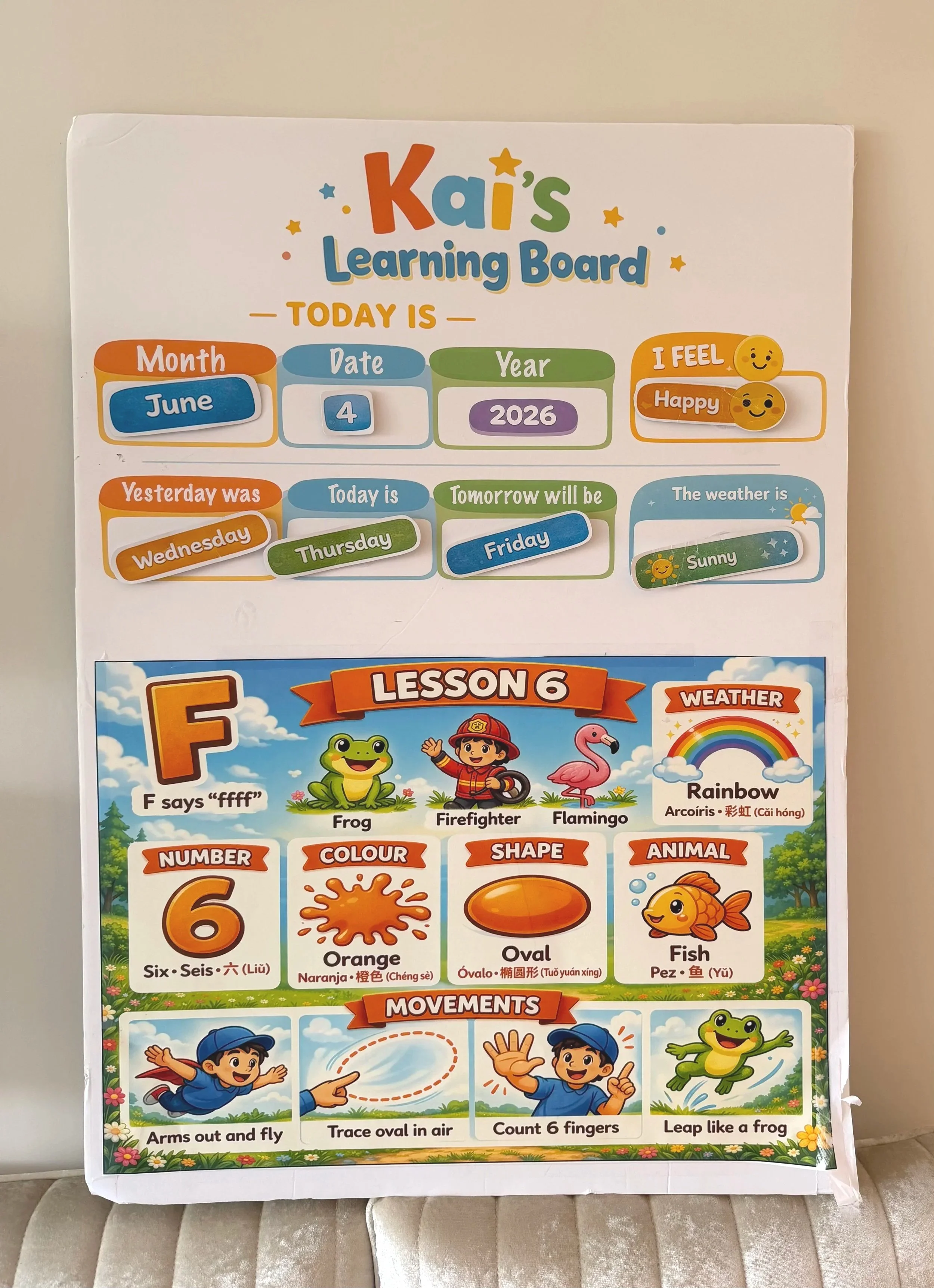 Educational poster for kids with colorful illustrations and text, showing a learning board with date, weather, and animal information, and a separate section with character exercises and numbers.