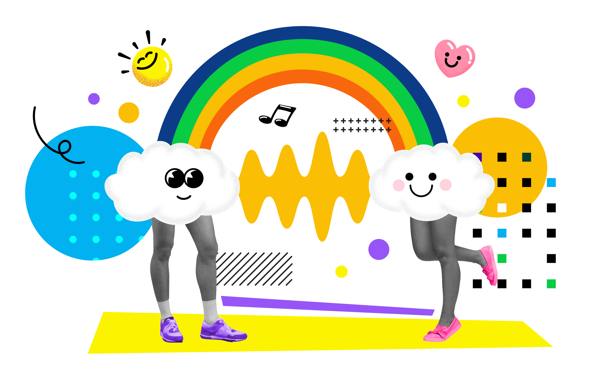 Two humanoid figures with cloud bodies, rainbow heads with smiley faces, and gray legs are standing on a yellow floor in front of a colorful background.