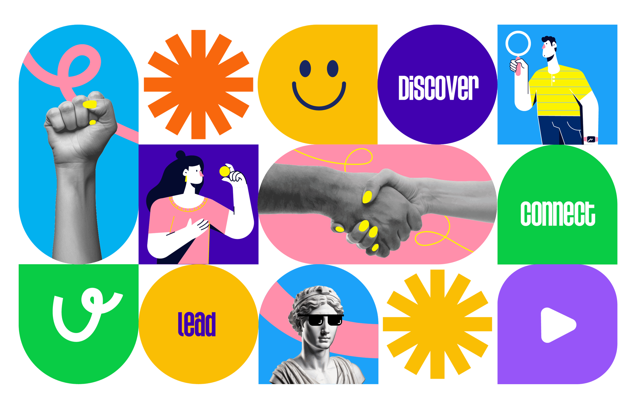 A collage of colorful icons and graphics including a fist with yellow nails, a large orange burst shape, a yellow smiley face, a purple circle with white text 'Discover', a cartoon person holding a magnifying glass, a woman with dark hair holding a coin, a handshake, a green circle with a dollar sign, a grayscale classical sculpture wearing sunglasses, and various other symbols representing connection, leadership, and discovery.