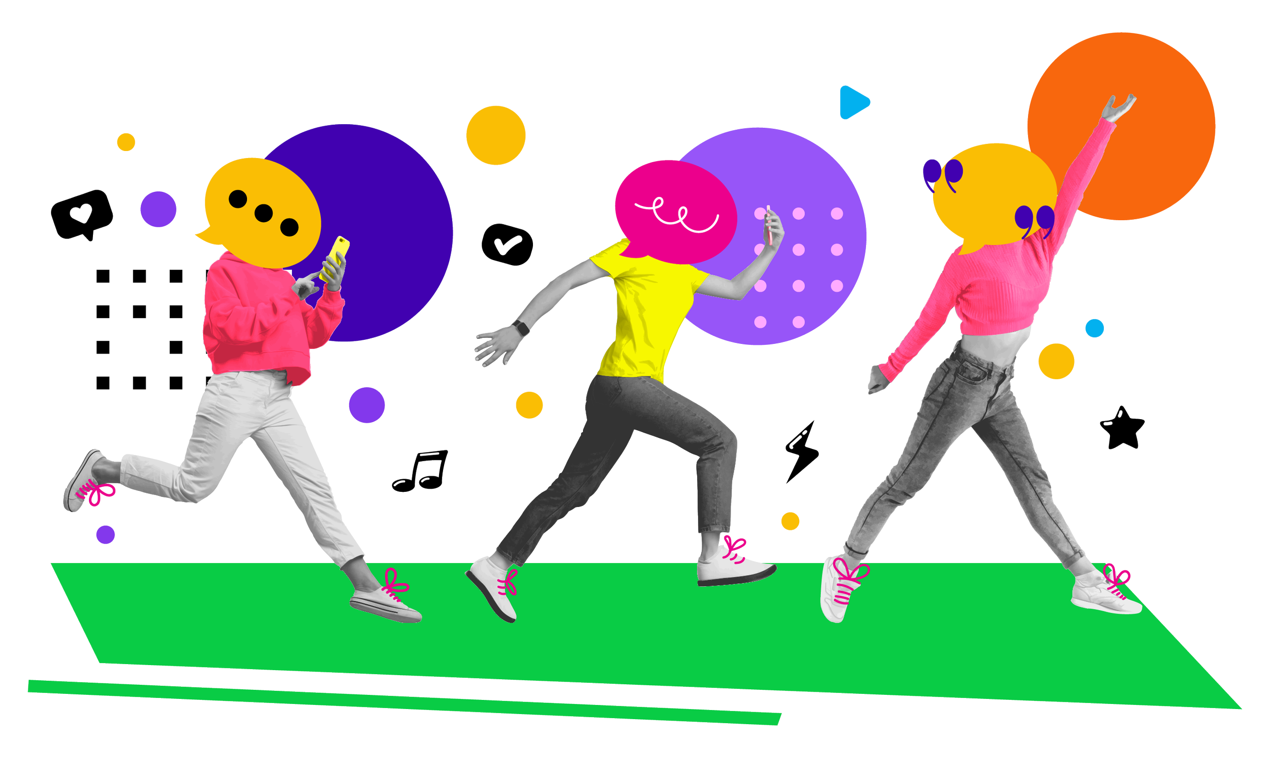 Three people with superimposed yellow chat bubble heads, each holding a different pose. The first person on the left is kneeling with one leg up and looking at a phone. The middle person is stretching with arms outstretched and one foot forward. The third person on the right is stretching upward with one arm while standing on one leg. The background contains graphic elements, including circles, check marks, music notes, and stars, with a green horizontal platform at the bottom.