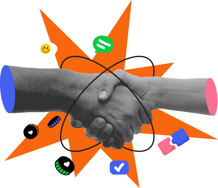 A black-and-white photograph of two people shaking hands, overlaid with colorful graphic icons and a speech bubble with a smiley face.