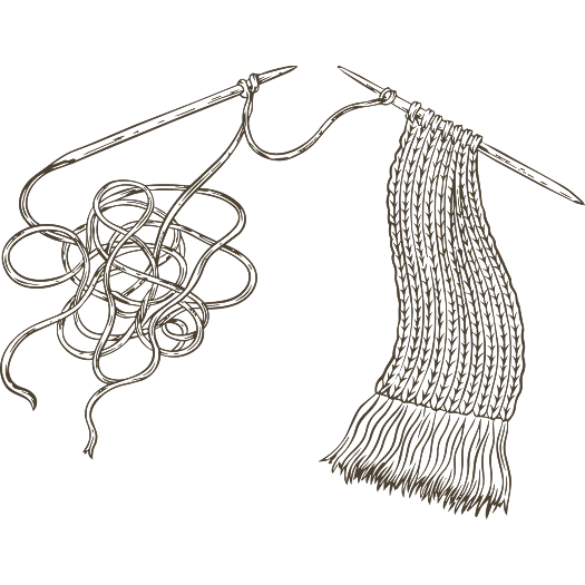 Illustration of tangled yarn transforming into a neat knitted scarf, symbolizing working through relational struggles