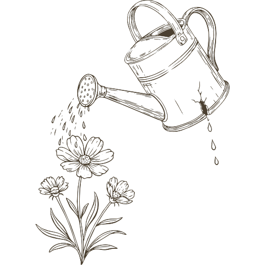 Illustration of a cracked watering can nurturing flowers, symbolizing compassion fatigue in caregivers and healthcare workers