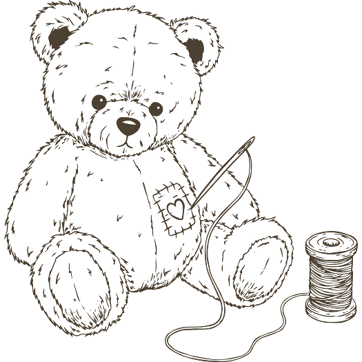 Illustration of a teddy bear being mended with needle and thread, symbolizing healing from childhood trauma