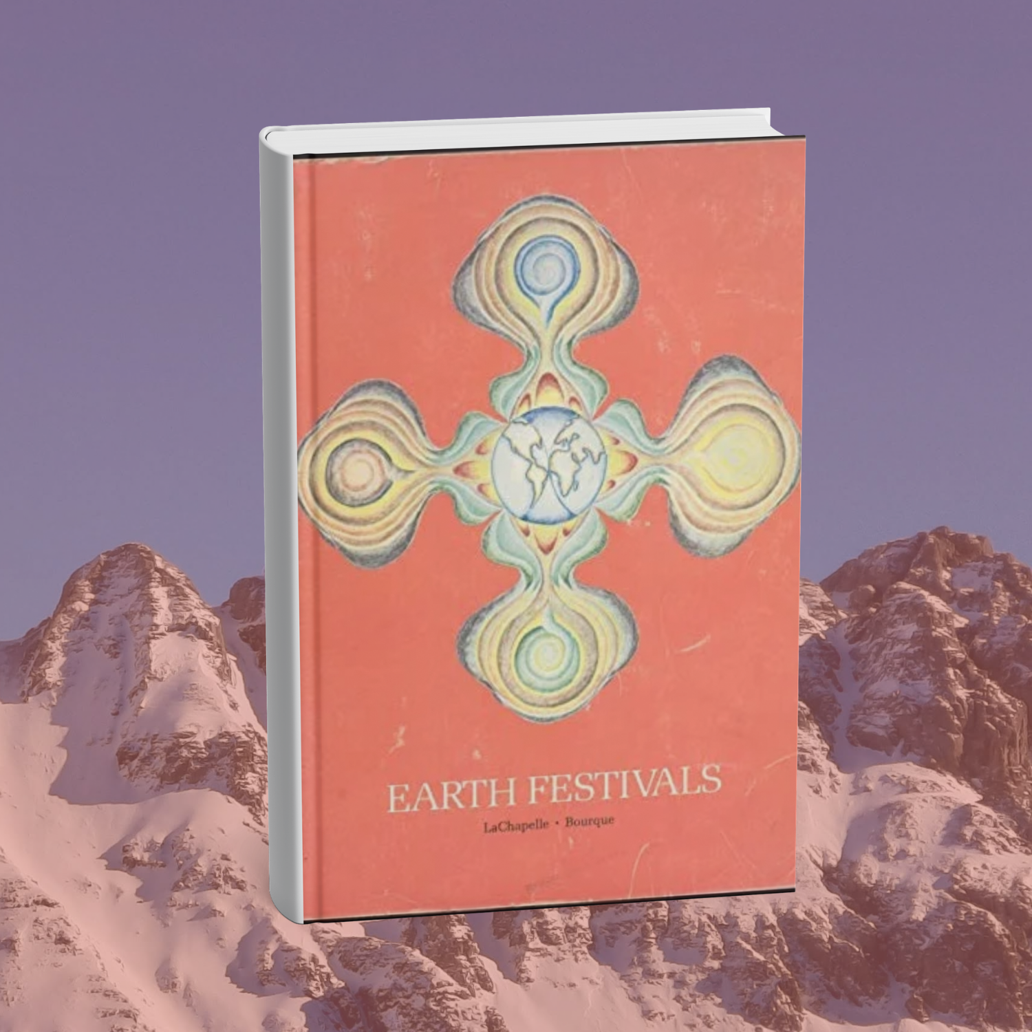 This cover has a salmon pink background with a large illustration of the earth surrounded by swooshing and spirling multicolored lines 