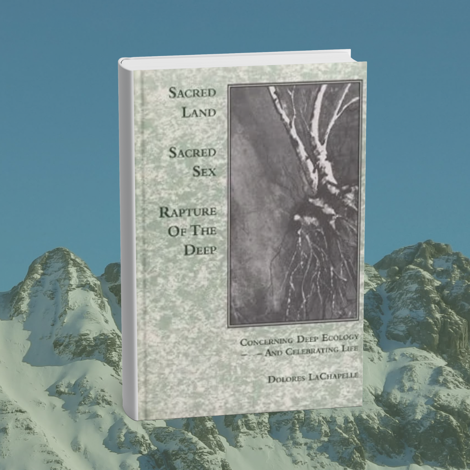 This cover has a green and gray marbled background with an inset image of a tree and its roots