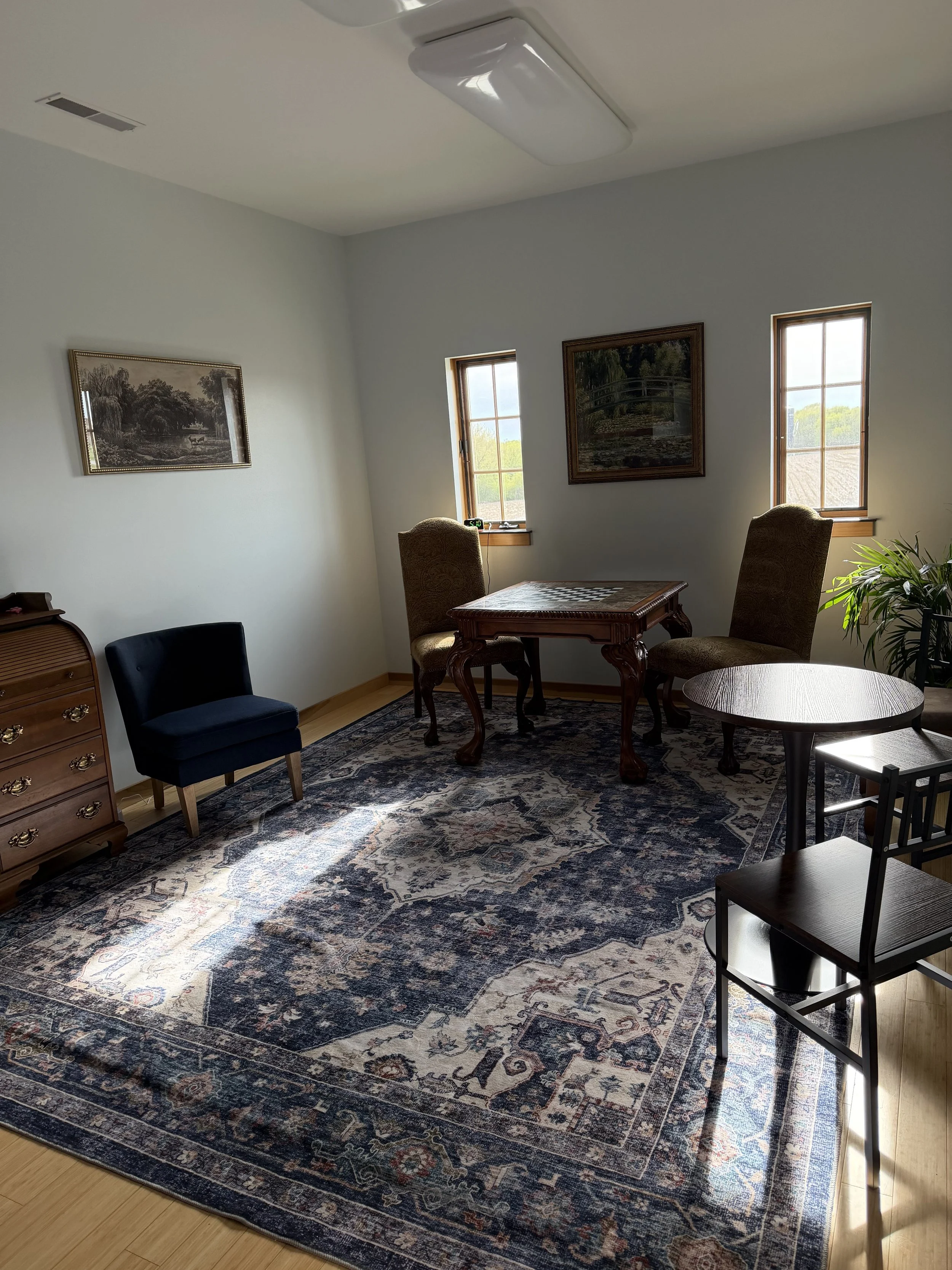 A cozy living room with a patterned area rug, a wooden table with a chessboard, two upholstered chairs, a small round table, a potted plant, framed pictures on the wall, and sunlight streaming through two windows.