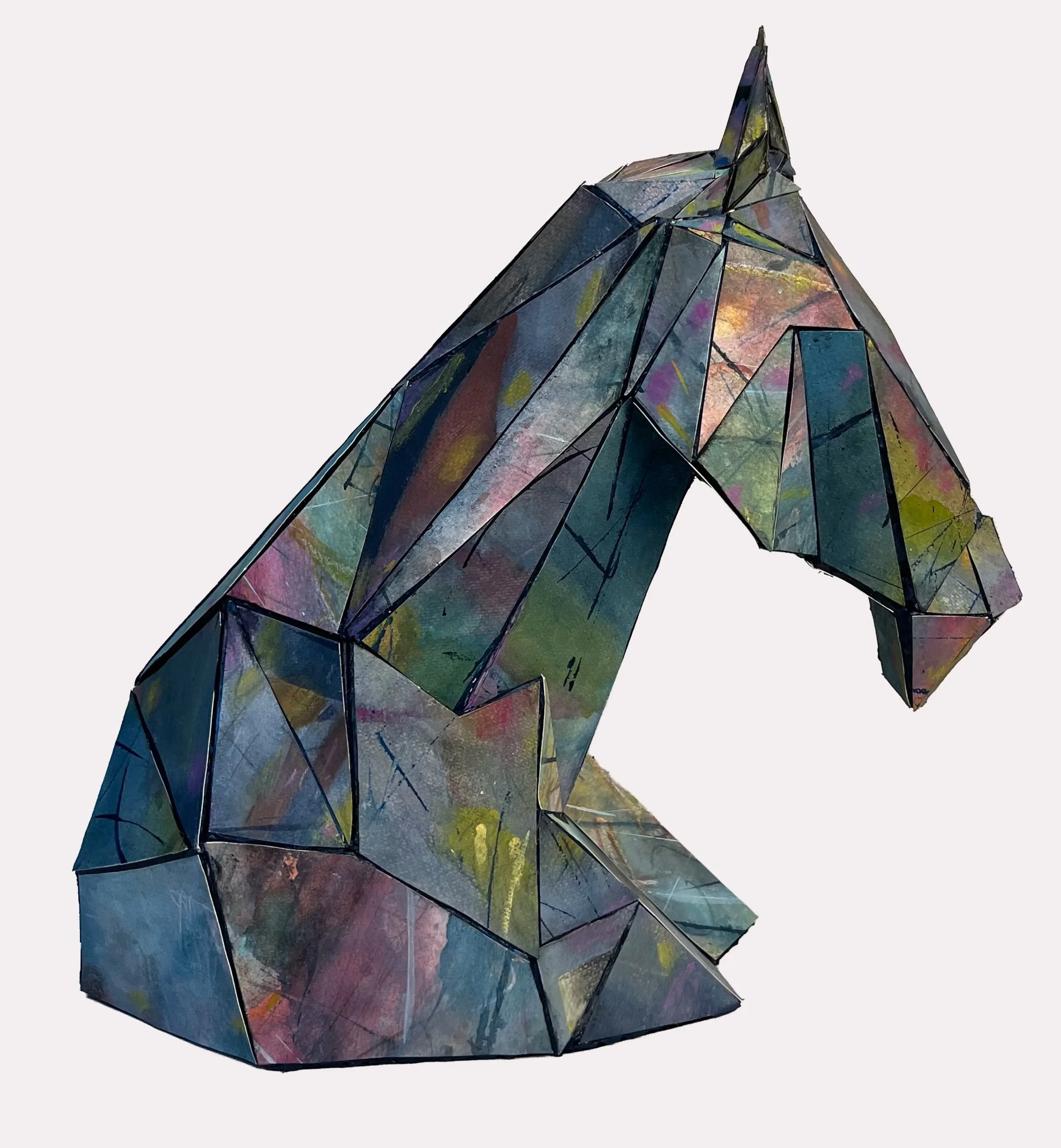 Stan's Horse, 2025, Mixed water media, watercolor paper on cardboard, 
18" x 18" x 8"