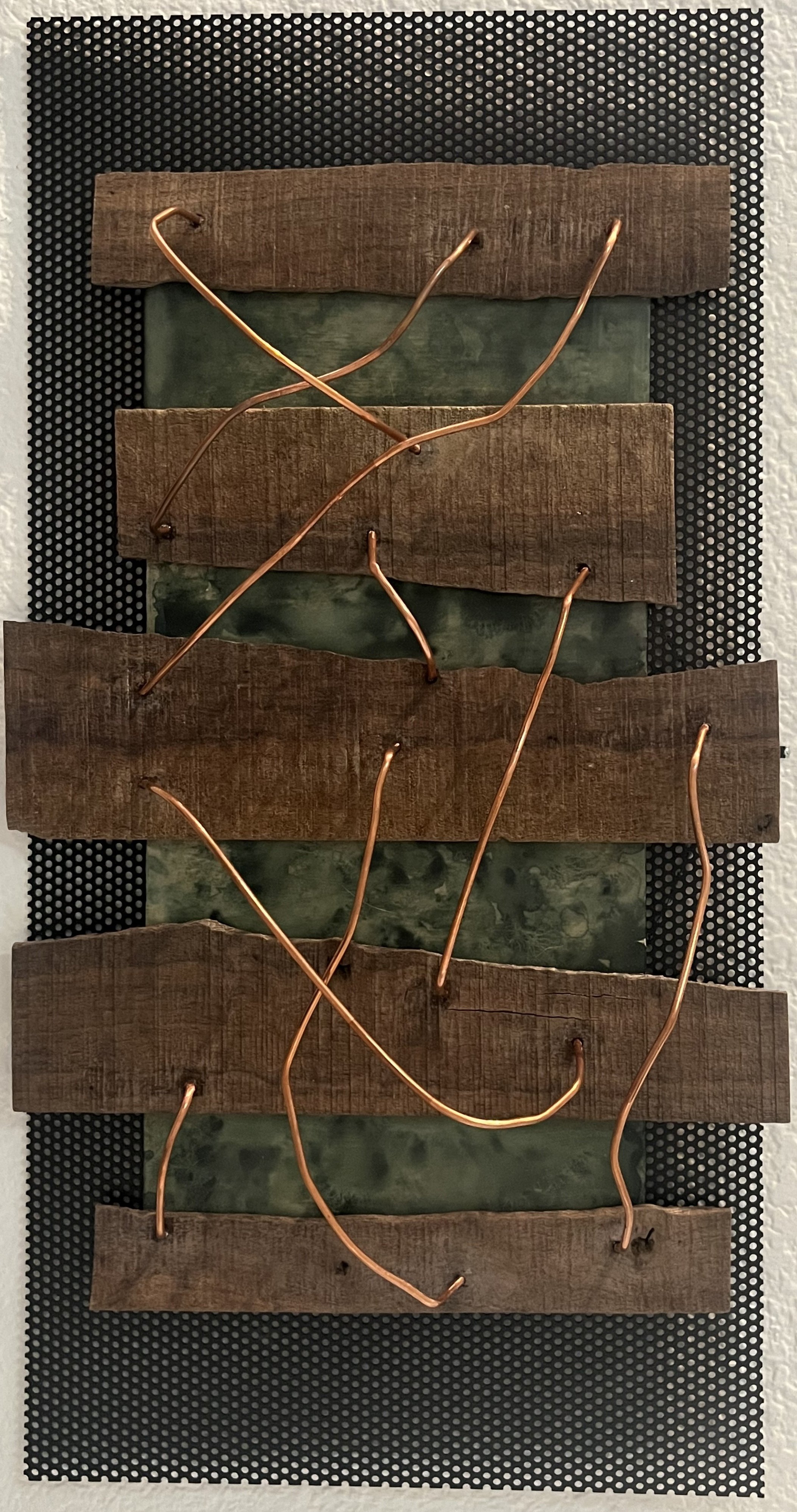 Roots, 2024, Watercolor & encaustic wax on wood, walnut flake, copper tube & steel sheet, 24" x 10" x 3"