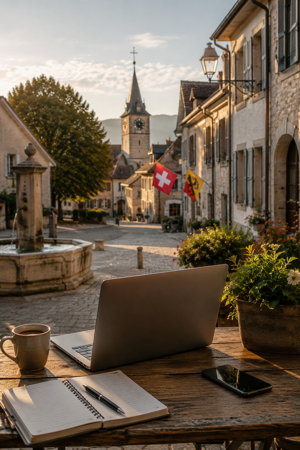 Vue d'une place de village suisse avec fontaine, bâtiment en pierre, drapeaux suisses et valaisans, église avec clocher, ordinateur portable, tasse de café, carnet, téléphone et plante sur une table en bois, au coucher du soleil.