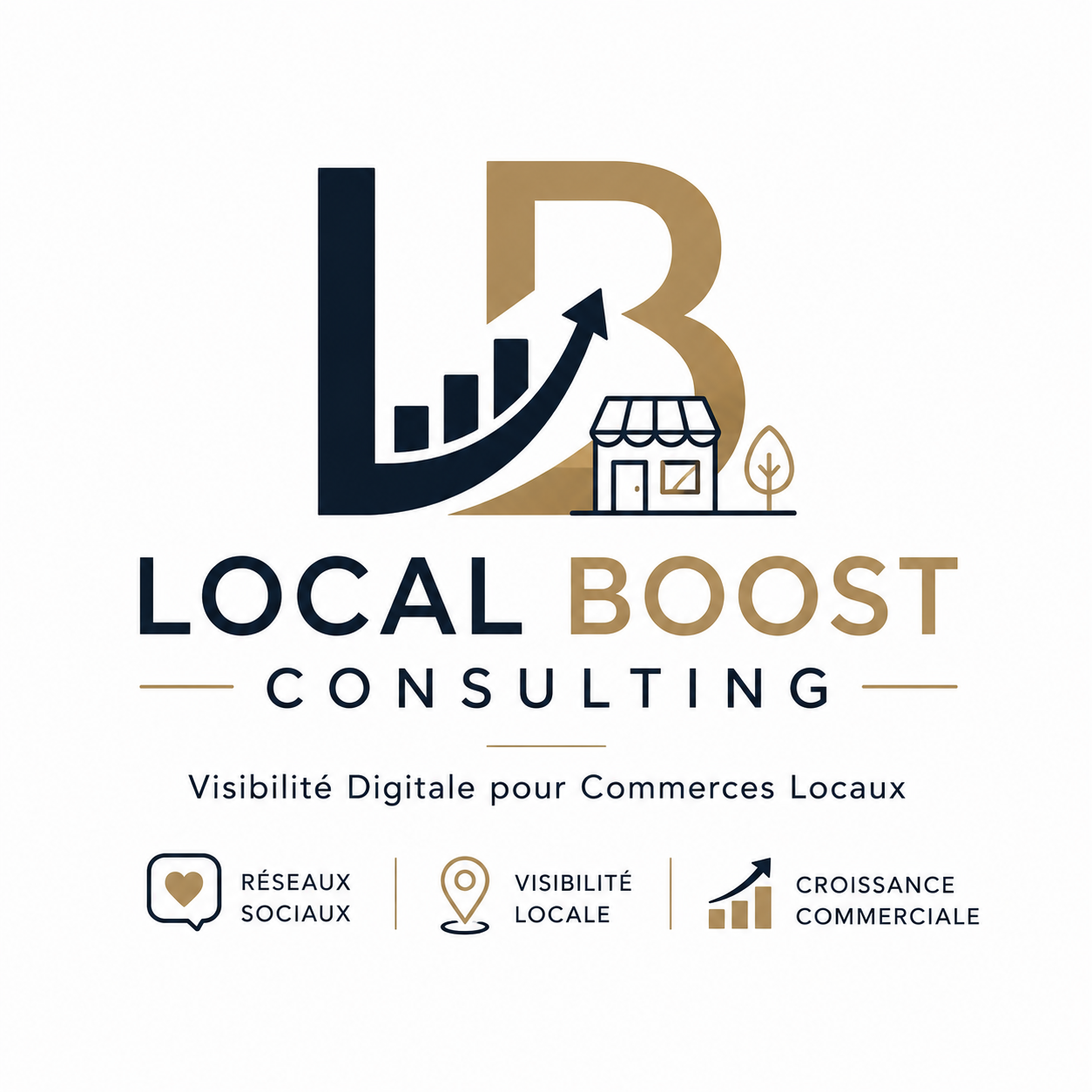 Logo de 'Local Boost Consulting' avec un arbre, une maison, un graphique de croissance avec une flèche ascendante. Texte indiquant 'Visibilité Digitale pour Commerces Locaux' avec icônes pour réseaux sociaux, visibilité locale et croissance commerciale.