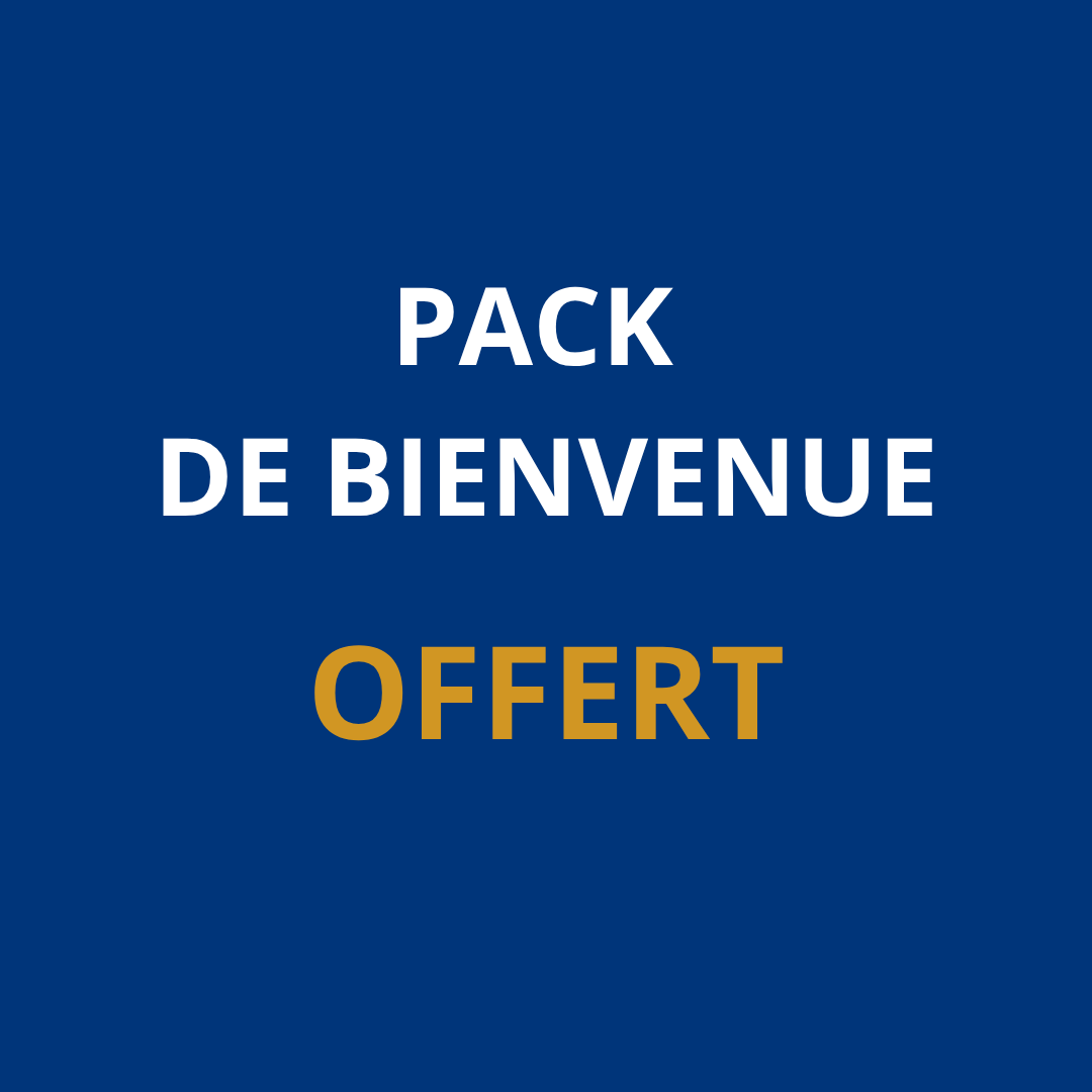 Un panneau bleu avec le texte blanc 'Pack de bienvenue offert' en français.