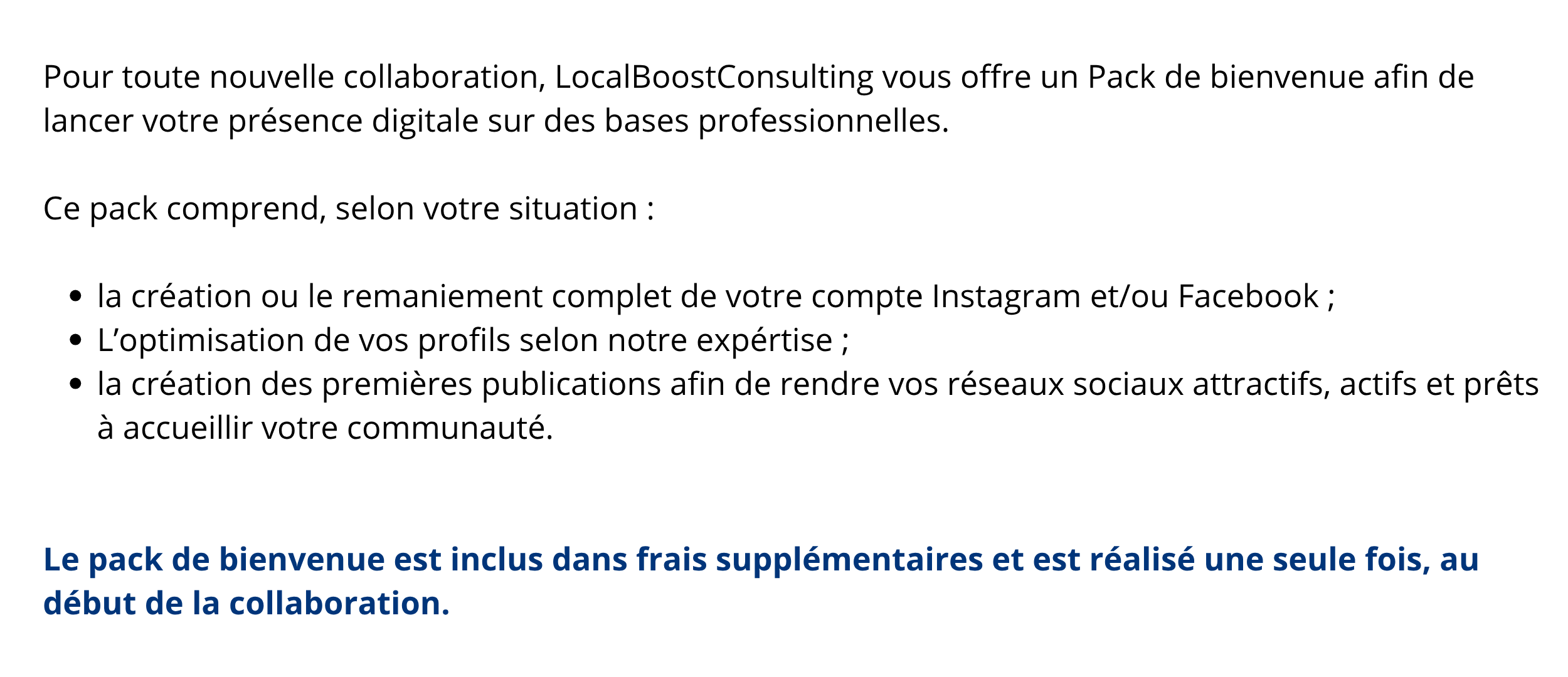 Un document de texte en français présentant une offre de pack de bienvenue pour la création et l'optimisation d'une présence digitale, avec un titre en gras en bas.