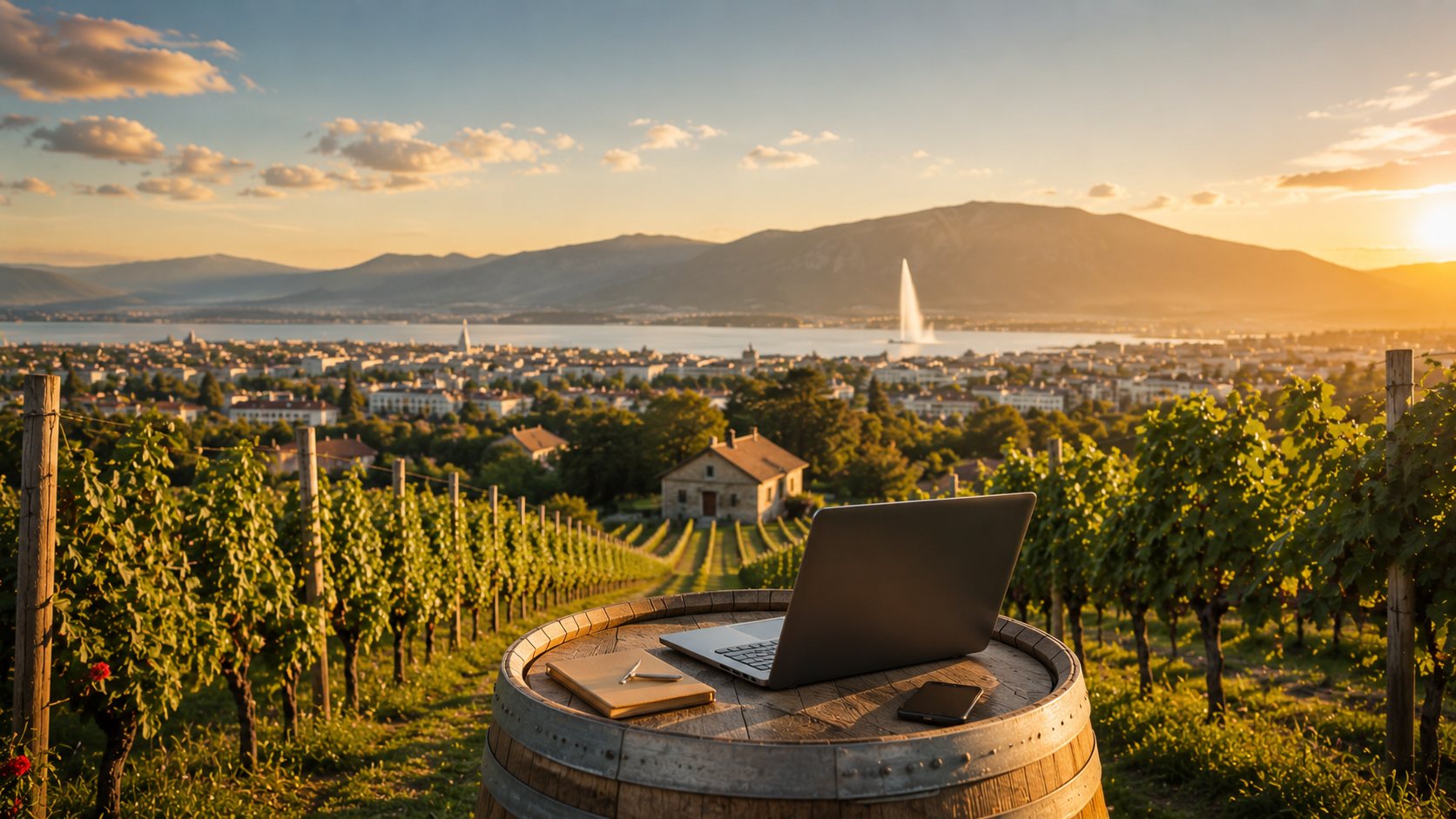 Un ordinateur portable, un carnet, un stylo et un téléphone portable posés sur un tonneau en bois dans un vignoble, avec une vue sur une ville, un lac avec une fontaine, et des montagnes au coucher du soleil.