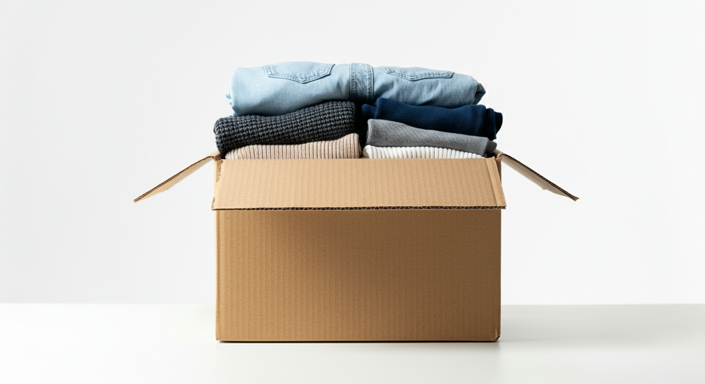 Open cardboard box filled with folded clothes against a plain white background.