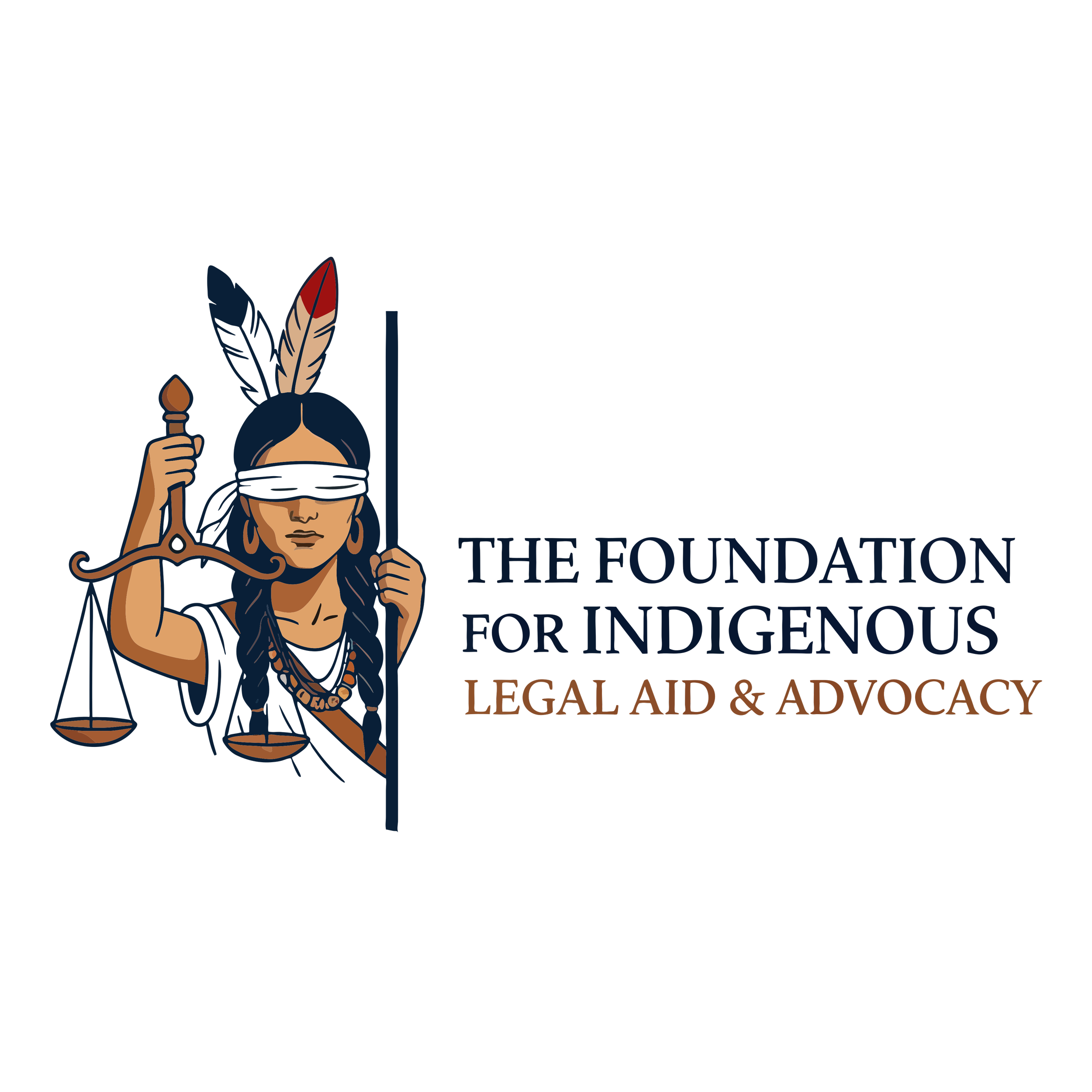 Illustration of a woman with feathers in her hair holding a staff, with text about founding a legal and advocacy organization for Indigenous people.