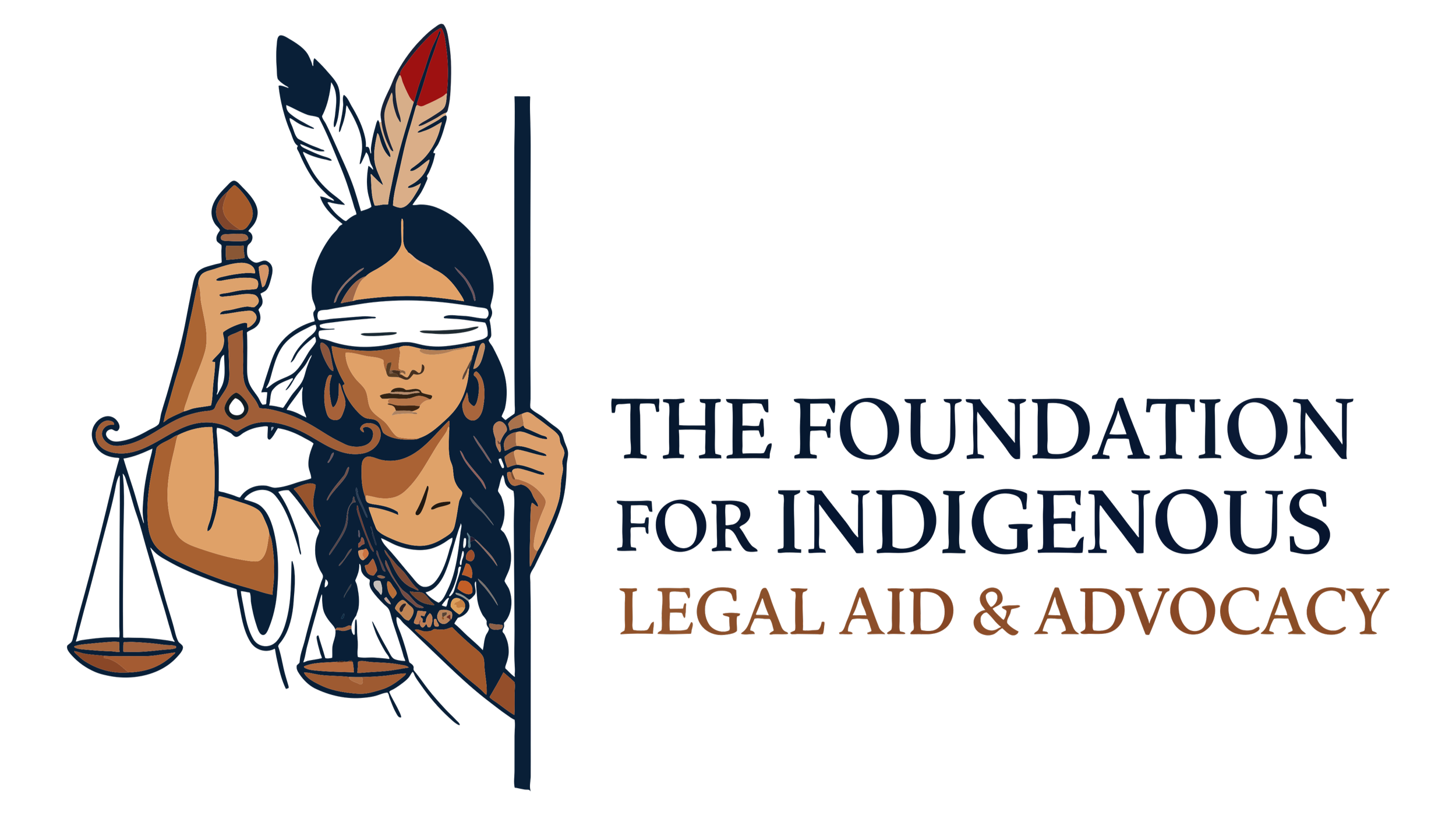 Illustration of Lady Justice with a blindfold, holding scales and a sword, alongside text that reads 'The Foundation for Indigenous Legal Aid & Advocacy'.