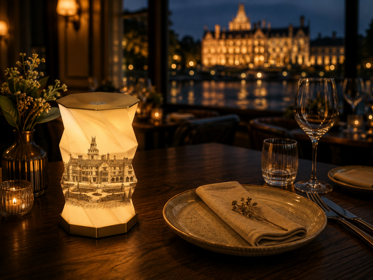 Elegant restaurant table set with wine glass, water glass, plate with cloth napkin and small flower sprig, surrounded by candles and a decorative lamp with historic building illustration, overlooking a cityscape with a river and illuminated historic building at night.