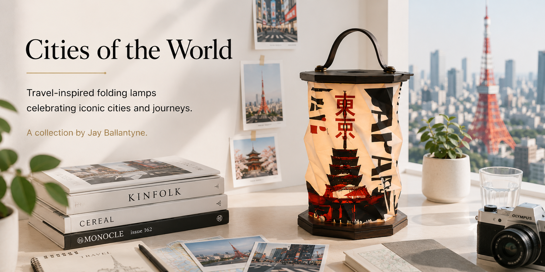 A travel-inspired folding lamp with an image of Tokyo Tower on it, sitting on a desk filled with travel books, photographs, notebooks, a camera, and potted plants, with a view of Tokyo skyline in the background.