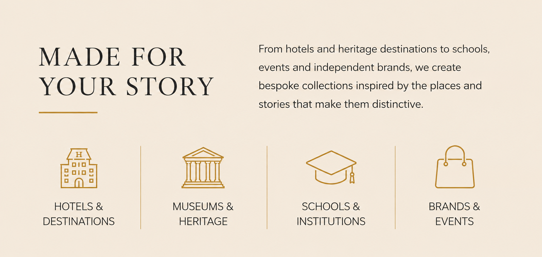 Text on a beige background that says, "Made for your story." To the right, a paragraph explains creating bespoke collections inspired by places and stories. Below, four icons with labels: a hotel building labeled "Hotels & Destinations," a museum building labeled "Museums & Heritage," a graduation cap labeled "Schools & Institutions," and a shopping bag labeled "Brands & Events."