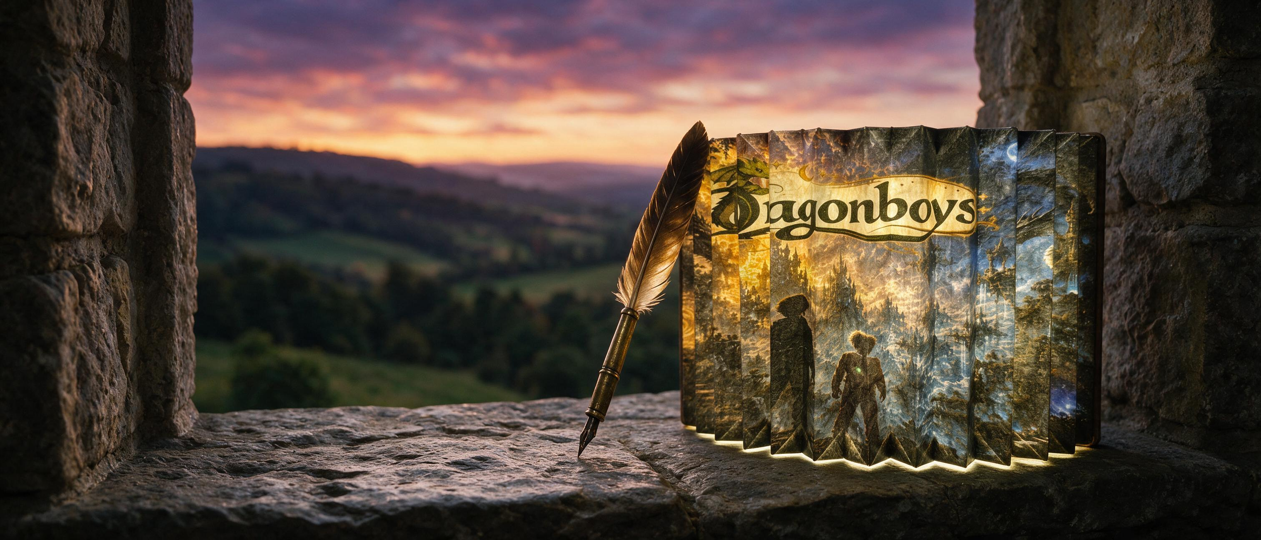 A stack of board game boxes titled 'Dragonborns' with a feather quill in front, set against a scenic sunset landscape with rolling hills, through a stone window.