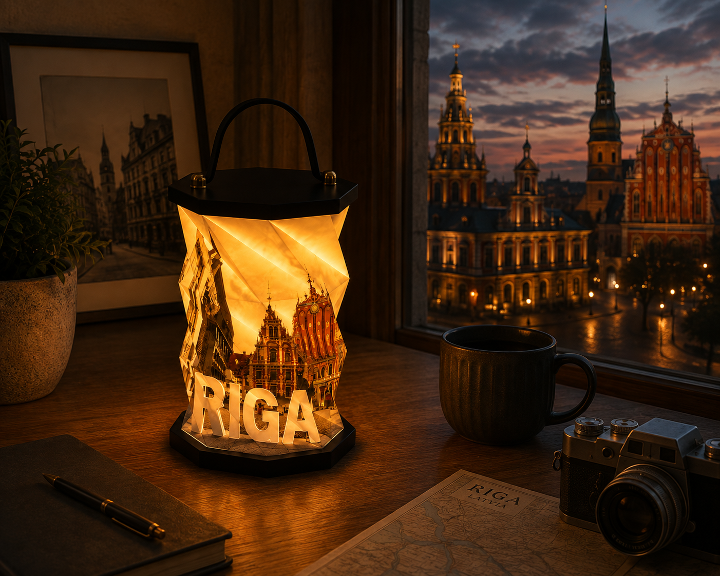 A decorative lantern lit with a warm glow, displaying a cityscape and the word 'RIGA' inside. The scene shows a desk with a black notebook and pen, a map of Riga, Latvia, a black mug, a camera, and a potted plant on a wooden surface, with a window revealing a city skyline at dusk with historic buildings and church spires.