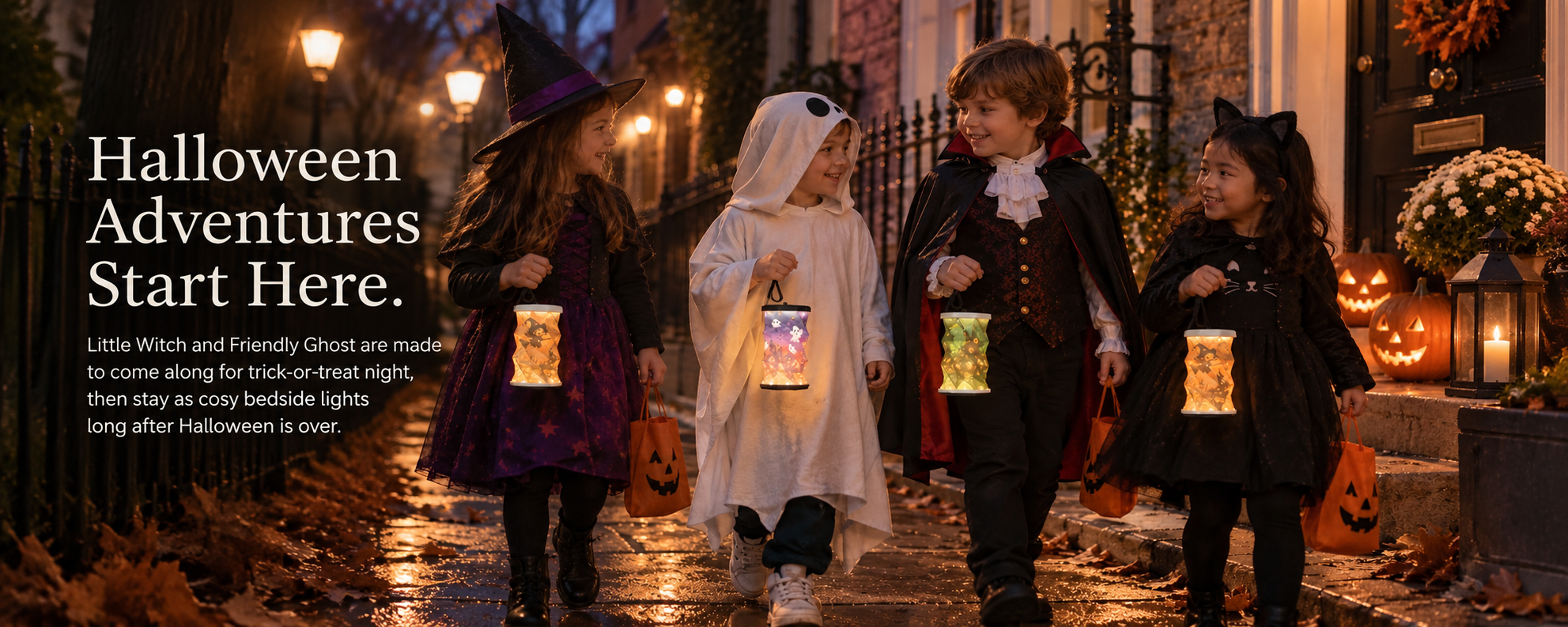 Children carrying Lantern & Lore Halloween folding lights while trick-or-treating.