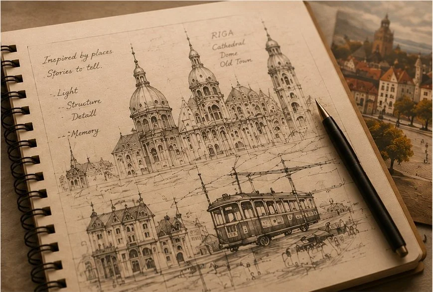Riga Cathedral Dome and Old Town sketch from the Lantern & Lore Cities collection, inspired by Riga’s architecture and travel memories.