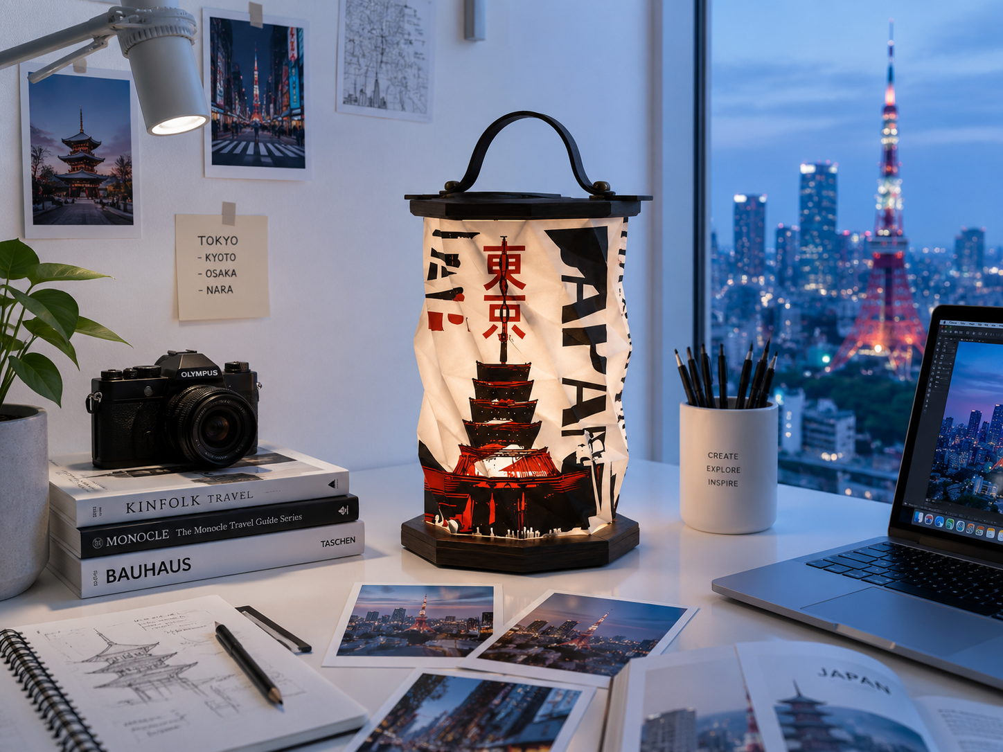 A desk with a table lamp featuring a Japanese-style paper lantern with an image of Tokyo Tower, a camera, travel books, printed photos of Tokyo, sketches, a laptop displaying a cityscape, a white pot with pens labeled 'Create Explore Inspire', and a small potted plant. The background shows a window with a city skyline, including the Tokyo Tower illuminated at dusk.