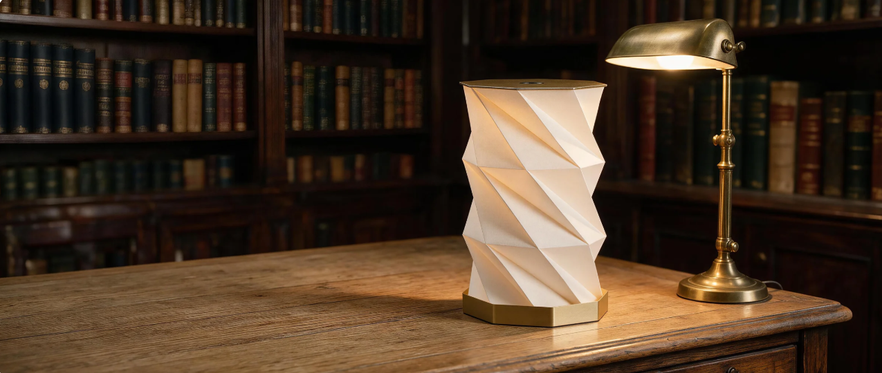 A modern, geometric table lamp with a white, folded paper-like design on a wooden table in a library or office setting, next to a brass desk lamp, with dark wood bookshelves filled with books in the background.