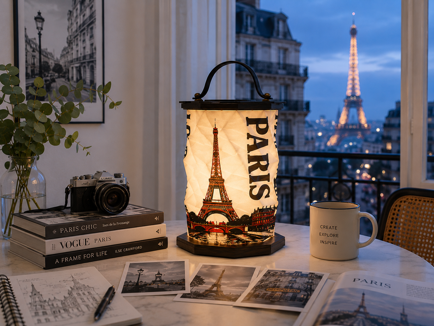 A Paris-themed desk with a lamp, camera, books, photographs, a coffee mug, and a plant, with the Eiffel Tower visible outside a window in the evening.