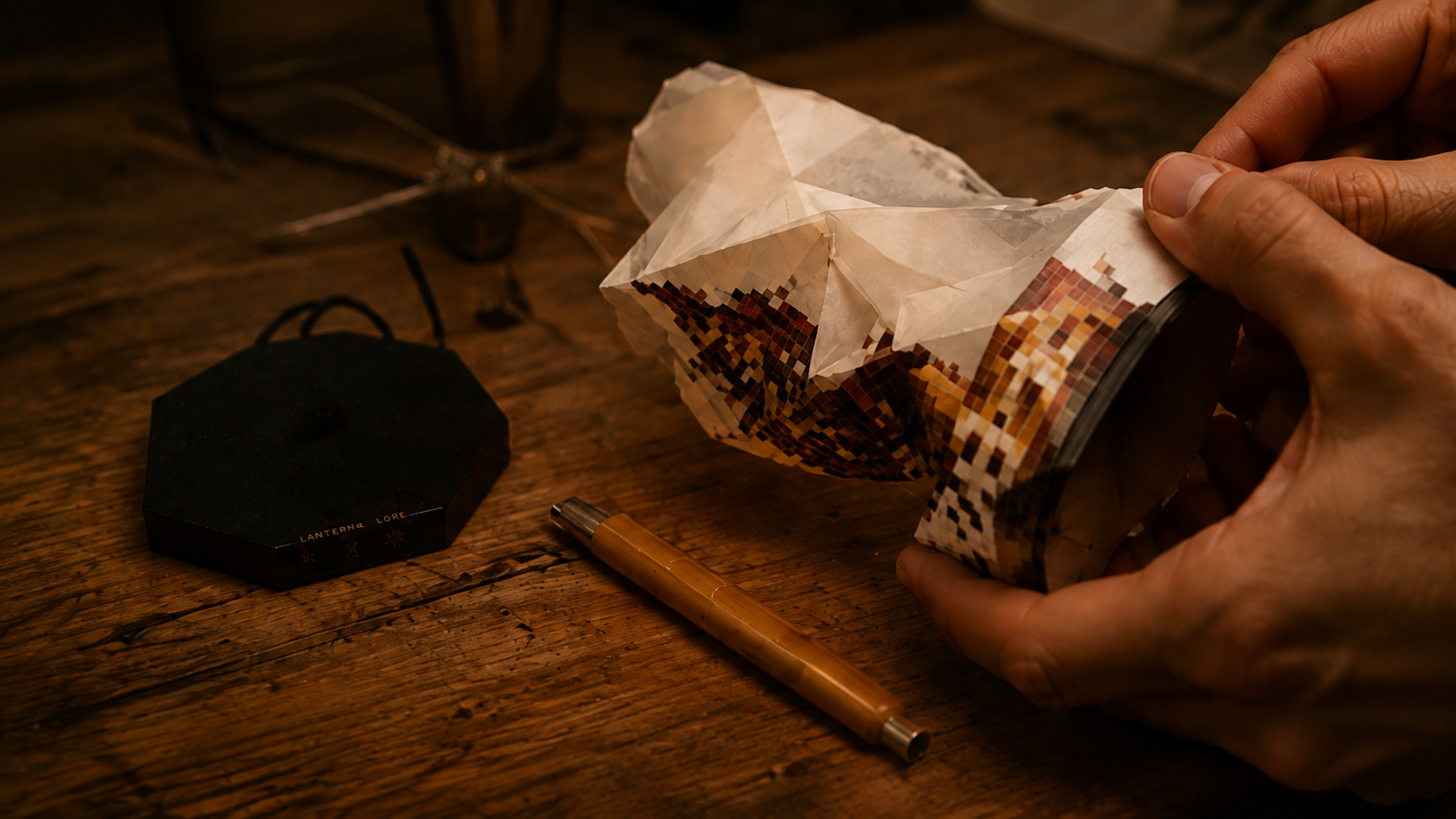 Lantern & Lore illuminated keepsake being opened by hand, designed to transform stories and memories into light.